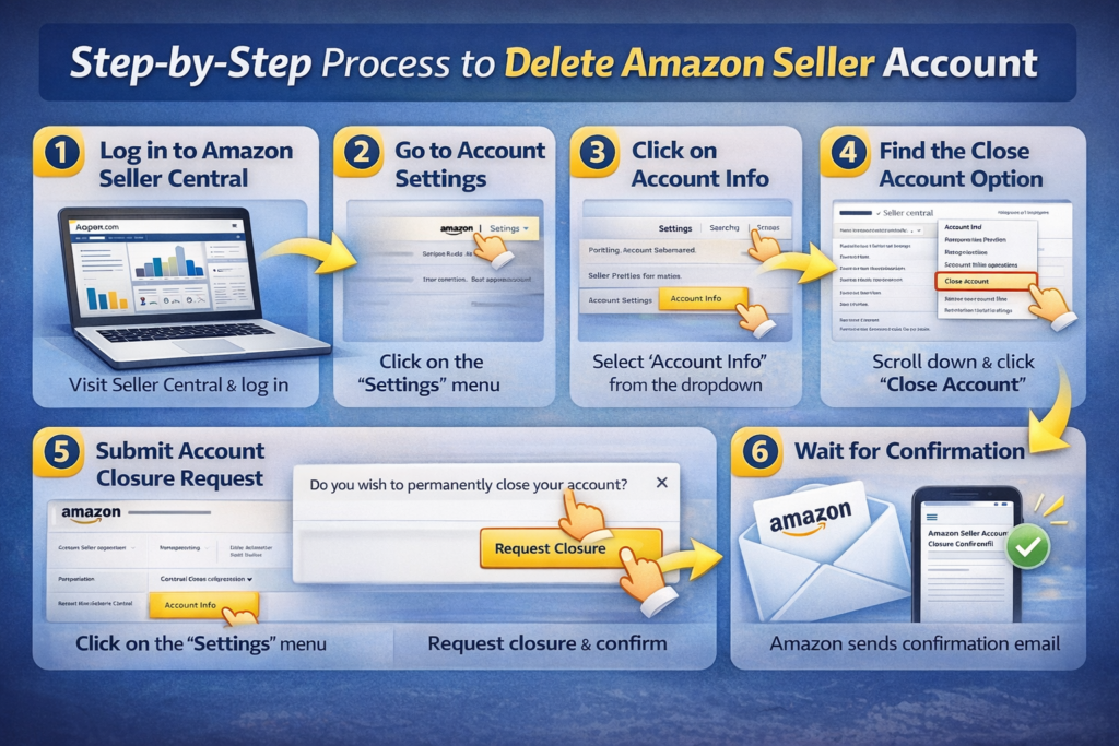 Step by step process to delete Amazon seller account from Amazon Seller Central dashboard