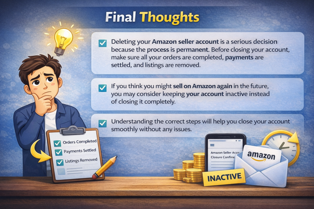 Important things to know before deleting Amazon seller account including orders completed payments settled and listings removed